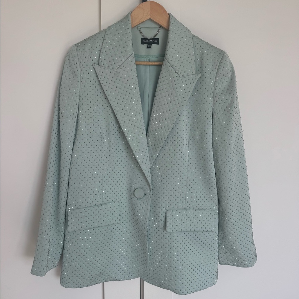 Nadine Merabi Crystal Embellished Tailored Blazer | Pale Green | S/M